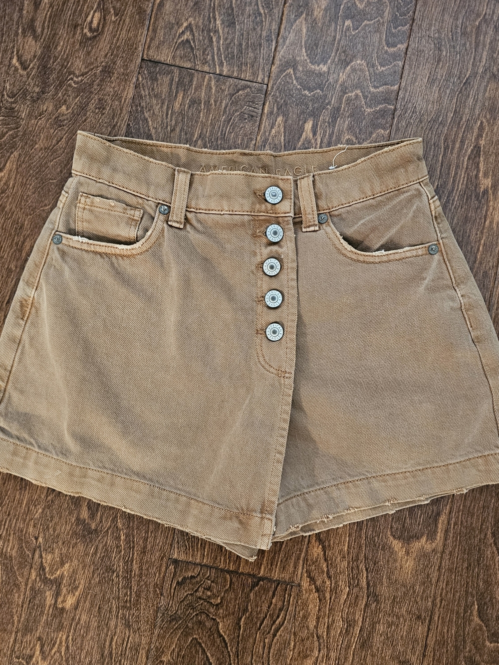 American Eagle Outfitters Tan High-Rise Button-Front Denim Skort